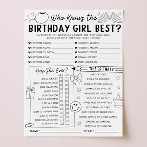 Puede incluir: Hoja de juego de fiesta de cumpleaños en blanco y negro con el texto "Who Knows the Birthday Girl Best?" y preguntas para completar sobre las preferencias y experiencias de la cumpleañera. Incluye una sección "¿Esto o aquello?".