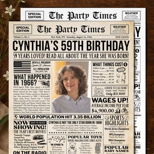 59th Birthday Newspaper Poster Sign, Back in 1966 USA Fun Facts Party Sign, Editable Vintage Style Birthday Decoration, Edit With Canva