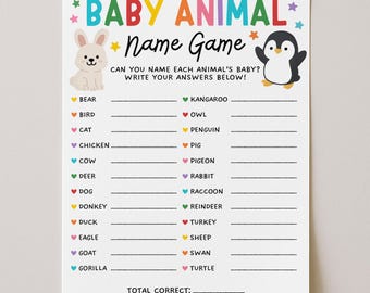Baby Animal Name Game Baby Shower Template, Name The Baby Animal Matching Trivia Quiz Printable, Digital Download
