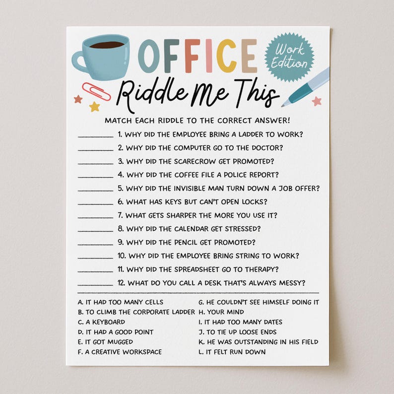 Office Riddles Game, Team Building Printable, Office Party Games, Staff ...