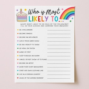 以下が含まれることがあります： 「Who is Most Likely To...」のテキストと虹のグラフィックが描かれた白いゲームシート。シートには、「Be a Millionaire」や「Become Famous」などの記入欄が含まれています。カラフルなケーキのグラフィックが左上にあります。
