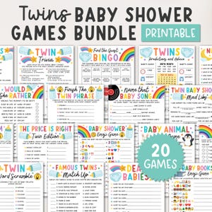 May include: A printable twins baby shower games bundle featuring 20 individual game sheets with colorful graphics including rainbows, baby bottles, and diapers. The text includes titles like Twin Trivia, Find the Guest Bingo, and Mad Libs.