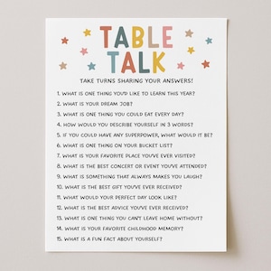 Könnte beinhalten: Eine weiße rechteckige Karte mit der Überschrift TABLE TALK in bunten Buchstaben, umgeben von kleinen Sternen. Sie enthält fünfzehn nummerierte Gesprächsfragen, beginnend mit TAKE TURNS SHARING YOUR ANSWERS! und endend mit WHAT IS A FUN FACT ABOUT YOURSELF?