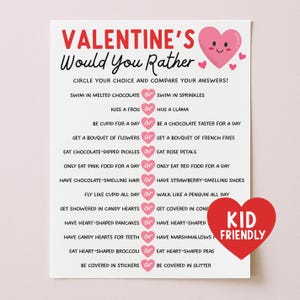 Könnte beinhalten: Ein Valentinstag-Spiel „Would You Rather“ mit einem rosa Herz-Grafik und den Worten „Kid Friendly“. Das Spiel enthält lustige Optionen wie „In Streuseln schwimmen“ und „Einen Frosch küssen“.