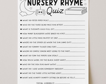 Nursery Rhyme Quiz Baby Shower Game Template, Baby Books Trivia Quiz Printable, Digital Download