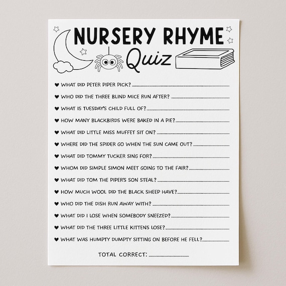 Nursery Rhyme Quiz Baby Shower Game Template, Baby Books Trivia Quiz Printable, Digital Download