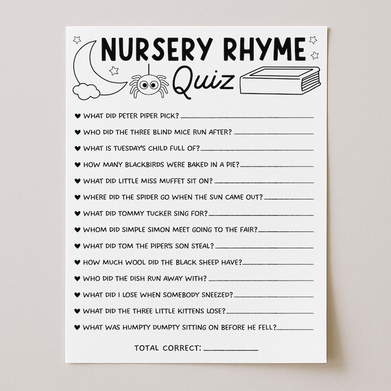Nursery Rhyme Quiz Baby Shower Game Template