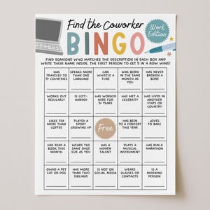 Puede incluir: Una tarjeta de juego de bingo impresa titulada "Find the Coworker BINGO Work Edition". La tarjeta presenta una cuadrícula con varios avisos como "Habla más de un idioma" y "Ha corrido una maratón". Se ilustran un portátil y un bolígrafo.
