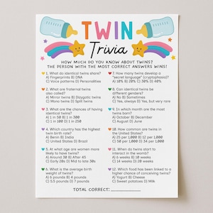 May include: A white Twin Trivia game card featuring two baby bottles, two smiling yellow stars, and colourful rainbows. The text reads Twin Trivia, How much do you know about twins? The person with the most correct answers wins! Includes 12 questions.