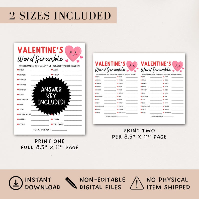 Valentine Party Word Scramble Game, Classroom Galentines Day Games Printable For Kids or Adults, Digital Download image 2