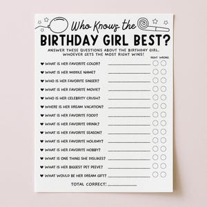 May include: A white paper game sheet with the text "Who Knows the Birthday Girl Best?" and questions about the birthday girl's preferences. Includes fill-in-the-blank lines and right/wrong circles.