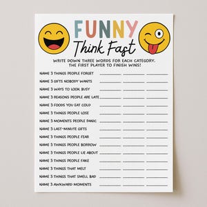 Könnte beinhalten: Ein weißes Spielblatt mit dem Titel Funny Think Fast und zwei gelben Emoji-Symbolen oben. Der Text weist die Spieler an, für jede der vierzehn aufgeführten Kategorien drei Wörter aufzuschreiben, mit leeren Zeilen für die Antworten.
