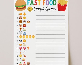 Juego de emojis de comida rápida, juego de adivinanzas de emojis para fiestas, actividad imprimible para romper el hielo en la oficina para niños y adultos, descarga digital
