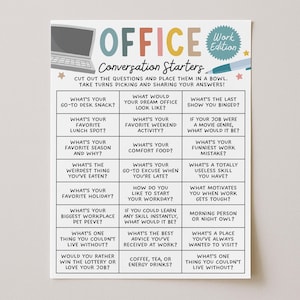 Puede incluir: Un juego colorido de "Office Conversation Starters", con preguntas para iniciar debates. El diseño incluye un portátil, un bolígrafo y las palabras "Work Edition".