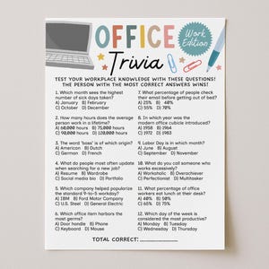 May include: A white paper with the title "OFFICE Trivia Work Edition" and questions about workplace knowledge. The questions are numbered and include multiple-choice answers. A laptop and office supplies are illustrated.