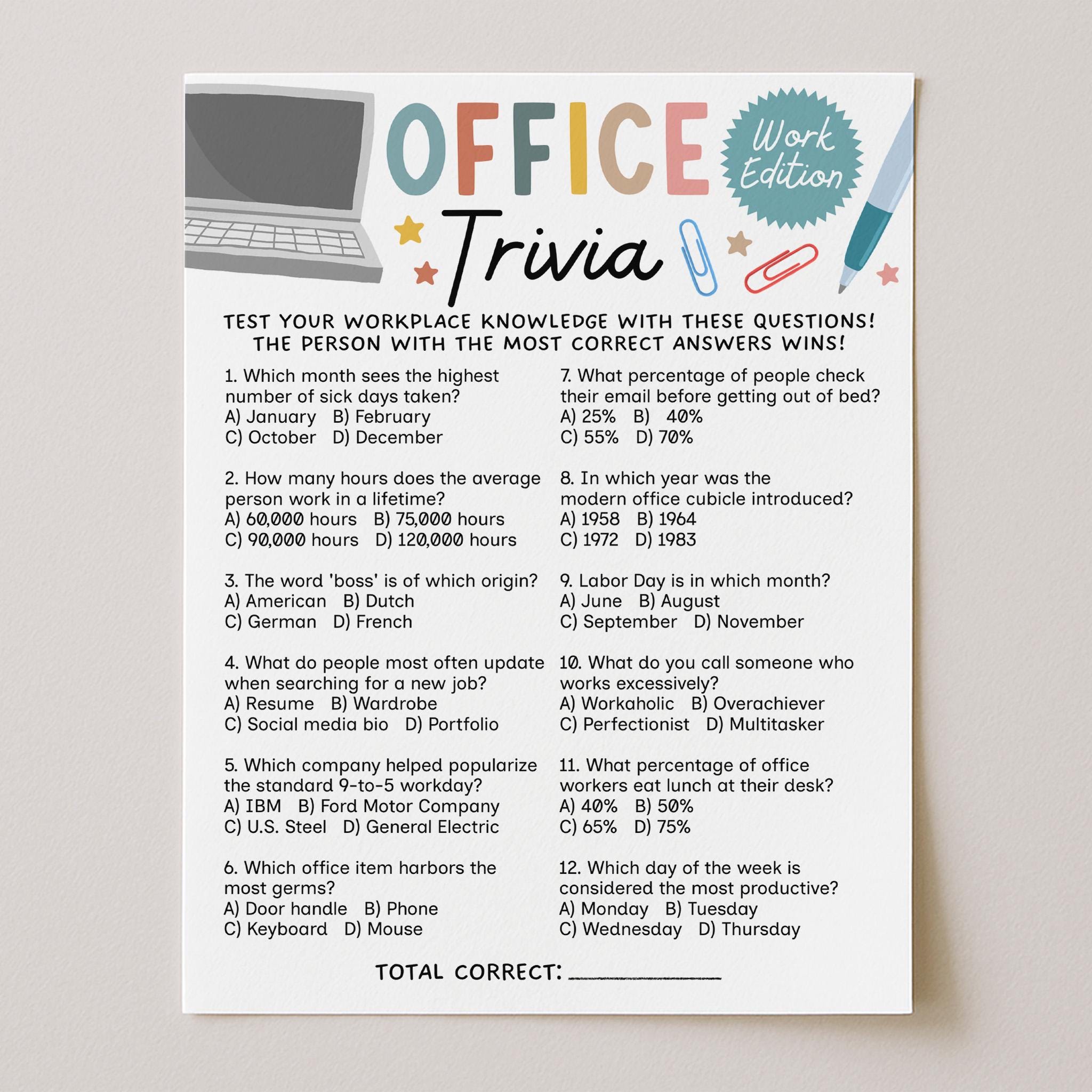 Employee Fun Trivia Invite Office Trivia Games, Team Building Games Printable, Office Party Games ...
