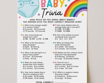 May include: A white baby trivia game with a diaper illustration, rainbow, and stars. The game asks questions about babies, such as average weight, bone count, and diaper usage. The text reads "BABY Trivia".