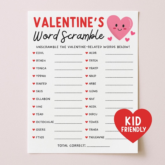 Valentine Party Word Scramble Game, Classroom Galentines Day Games Printable For Kids or Adults, Digital Download
