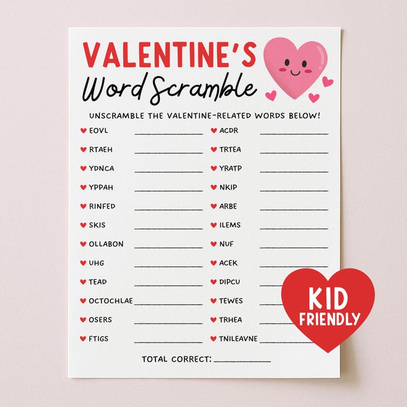 Valentine Party Word Scramble Game, Classroom Galentines Day Games Printable For Kids or Adults, Digital Download image 1