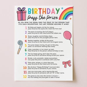 May include: A white card with the text "BIRTHDAY Pass the Prize" in colourful letters. The card features a gift, a rainbow, a balloon, a party horn, and a bow. The card contains instructions for a birthday party game.