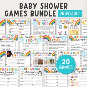 May include: A printable baby shower games bundle featuring 20 games. Games include Bingo, Would She Rather, Price is Right, Baby Song, and Baby Family Feud. Colorful rainbow and baby-themed graphics are used throughout.