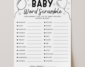 May include: A white paper with the text "BABY Word Scramble" in black. The game includes a list of scrambled words related to babies, with spaces to unscramble them. Decorative balloons and stars surround the text.