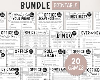 May include: A printable work party games bundle featuring 20 office-themed games. The games include scavenger hunts, charades, trivia, and more. The bundle is designed for office parties and team-building activities. The games are printed on white paper with black text and graphics.