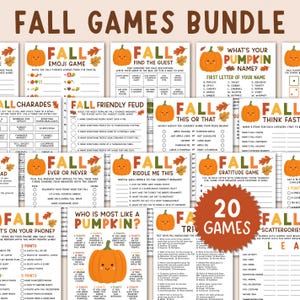 May include: A collection of 20 printed game sheets titled Fall Games Bundle, featuring autumn-themed graphics like pumpkins and leaves. Each sheet includes specific activities such as Fall Emoji Game, Fall Friendly Feud, and Fall Gratitude Game.