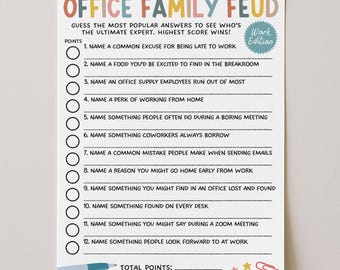 May include: A colorful "Office Family Feud" game card with the text "Work Edition." The card features a list of questions for a work-themed game, with spaces for answers and point values. Includes a pen, stars, and a paperclip.