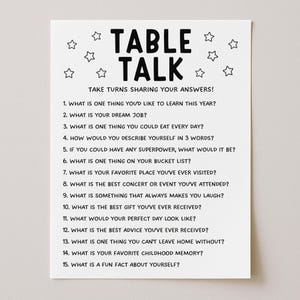 May include: A white rectangular card with black text titled TABLE TALK and the subtitle TAKE TURNS SHARING YOUR ANSWERS. It features fifteen numbered conversation starter questions surrounded by small black star outlines on a plain background.