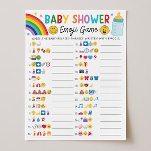 May include: Baby shower emoji game printable. A white sheet with colorful graphics, including a rainbow, a baby bottle, and a smiling face. The text reads "Baby Shower Emoji Game" and "Guess the baby-related phrases written with emojis."