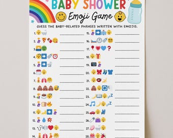 Gioco stampabile con emoji per baby shower, quiz con emoji su Pictionary, attività per baby shower, quiz con frasi per bambini, download digitale
