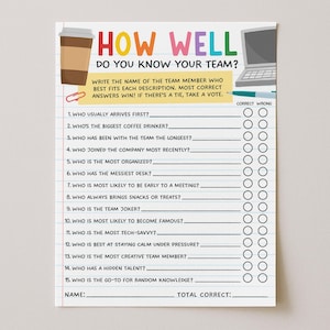 Peut inclure: Une feuille de jeu imprimée intitulée "How Well Do You Know Your Team ?" avec des questions à compléter. La feuille comprend un dessin de tasse à café, un ordinateur portable et un trombone. Le jeu est conçu pour les activités de team building.