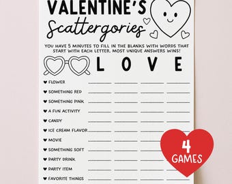 Valentine Party Game Scattergories, Galentines Day Games Printable For Adults Teens Kids, Virtual Party Games, Digital Download