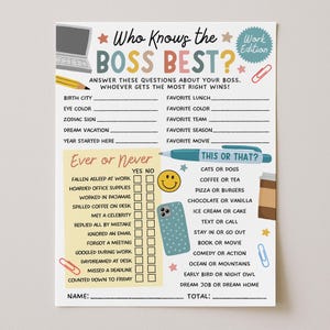 Könnte beinhalten: Ein Bürospiel auf weißem Papier mit dem Titel "Wer kennt den Chef am besten?" mit Fragen zu den Vorlieben des Chefs. Enthält Abschnitte "Immer oder nie" und "Das oder das?" sowie ein "Work Edition"-Logo.