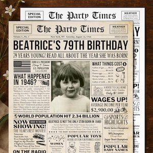 79th Birthday Welcome Celebration Sign, Back in 1946 Newspaper Poster, Year You Were Born, Personalized Gift for Grandma, Edit With Canva