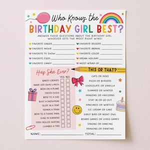 Può includere: Un foglio di gioco stampabile per feste di compleanno con testo e grafica colorati. Il foglio include domande come "Cantante preferito" e opzioni "Questo o quello?", con un design arcobaleno e palloncino.