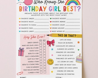 ¿Quién conoce a la cumpleañera? El mejor juego de cumpleaños para adolescentes. ¿Alguna vez lo ha hecho? Este o aquel juego de fiesta para ella. Imprimible, descarga digital.