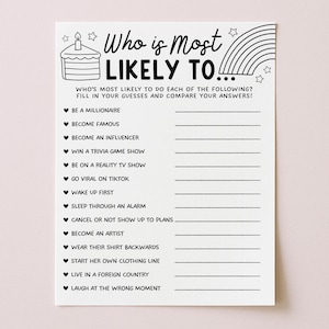Op de afbeelding: Een wit papieren spel met de tekst "Who is most likely to..." en een taartillustratie. Het spel bevat prompts zoals "Miljonair worden" en "Viraal gaan op TikTok" voor spelers om hun antwoorden in te vullen.