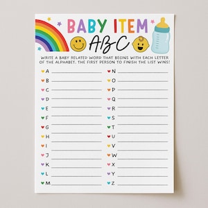 Juego del alfabeto de artículos para bebés, plantilla de juego de la A a la Z para baby shower, cuestionario imprimible de trivia sobre artículos para bebés, descarga digital