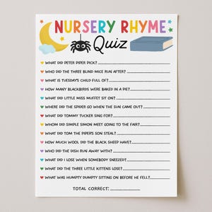 Modèle de jeu de baby shower comptine quiz, baby shower livres bébé quiz imprimable, activité de baby shower, téléchargement numérique