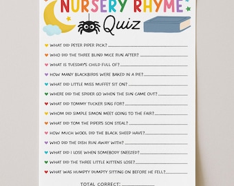 Nursery Rhyme Quiz Baby Shower Game Template, Baby Books Trivia Quiz Printable, Baby Shower Activity, Digital Download