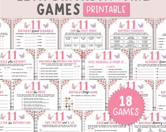 May include: A collection of 18 printable birthday games for an 11th birthday girl. The games include charades, bingo, word scramble, and more. The design features pink floral and butterfly accents, with the text "11th Birthday Girl Games Printable".