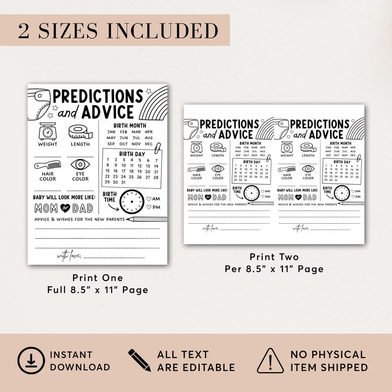 Baby Predictions Card Template, Baby Advice Cards, Baby Predictions and ...