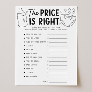 Puede incluir: Tarjeta de juego de baby shower en blanco y negro titulada "The Price is Right". La tarjeta presenta ilustraciones de un biberón, un pañal y estrellas. Incluye una lista de artículos para bebés con espacios para adivinar el precio.