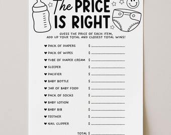 May include: Black and white baby shower game card titled "The Price is Right." The card features illustrations of a baby bottle, diaper, and stars. It includes a list of baby items with spaces to guess the price.
