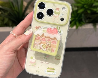Aesthetic Matcha & Strawberry Cake MagSafe iPhone Case, iPhone 17 Pro Max Case,Magnetic Phone Case Detachable Pop-out Stand with Strong Grip