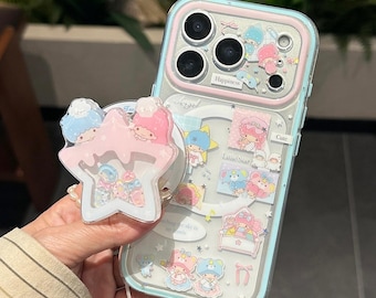 Little Twin Stars Aesthetic MagSafe Phone Case, iPhone 17 Pro Max Case, iPhone 16 Case, iPhone 15 Case, Magnetic Grip Stand Case With Charm