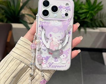 Purple Kuromi Rotating Aesthetic MagSafe Phone Case with Charm, iPhone 17 Pro Case, iPhone 16 Case, iPhone 15 Case, Magnetic Grip Stand Case