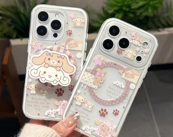 Cute Mocha Cinnamoroll Clear Aesthetic MagSafe Phone Case, iPhone 17 Pro Max Case, iPhone 16 Case, iPhone 15 Case, Magnetic Grip Stand Case